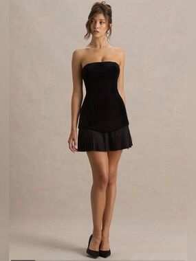 VALENTINA
Black Velvet Bandeau Mini Dress With Pleated Detailing